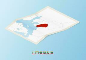 Folded paper map of Lithuania with neighboring countries in isometric style. vector