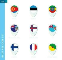 Pin flag set, map location icon in blue colors vector