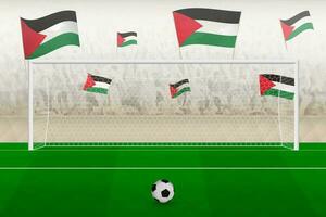 Palestine football team fans with flags of Palestine cheering on stadium, penalty kick concept in a soccer match. vector