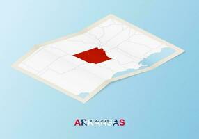 Folded paper map of Arkansas with neighboring countries in isometric style. vector