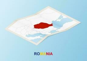 Folded paper map of Romania with neighboring countries in isometric style. vector