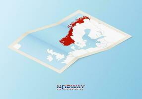 Folded paper map of Norway with neighboring countries in isometric style. vector