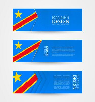 Set of three horizontal banners with flag of DR Congo. Web banner design template in color of DRC flag.