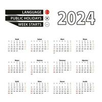 2024 calendar in Turkish language, week starts from Sunday. vector