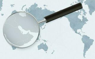 Asia centered world map with magnified glass on Bahrain. Focus on map of Bahrain on Pacific-centric World Map. vector