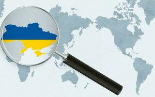 Asia centered world map with magnified glass on Ukraine. Focus on map of Ukraine on Pacific-centric World Map. vector