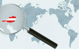 Asia centered world map with magnified glass on Austria. Focus on map of Austria on Pacific-centric World Map. vector