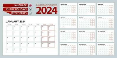 Wall calendar planner 2024 in English, week starts in Monday. Vector planner.