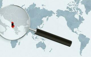 Asia centered world map with magnified glass on Albania. Focus on map of Albania on Pacific-centric World Map. vector