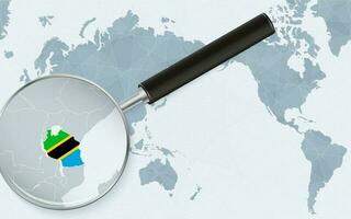 Asia centered world map with magnified glass on Tanzania. Focus on map of Tanzania on Pacific-centric World Map. vector