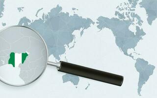 Asia centered world map with magnified glass on Nigeria. Focus on map of Nigeria on Pacific-centric World Map. vector