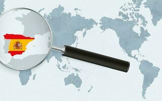 Asia centered world map with magnified glass on Spain. Focus on map of Spain on Pacific-centric World Map. vector