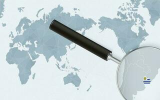 Asia centered world map with magnified glass on Uruguay. Focus on map of Uruguay on Pacific-centric World Map. vector