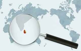 Asia centered world map with magnified glass on Sri Lanka. Focus on map of Sri Lanka on Pacific-centric World Map. vector