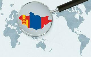 Asia centered world map with magnified glass on Mongolia. Focus on map of Mongolia on Pacific-centric World Map. vector