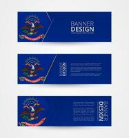 Set of three horizontal banners with US state flag of North Dakota. Web banner design template in color of North Dakota flag. vector