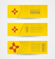 Set of three horizontal banners with US state flag of New Mexico. Web banner design template in color of New Mexico flag. vector