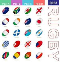 Flags of the nations participating in Rugby 2023. 20 flags in the style of a Rugby ball. vector