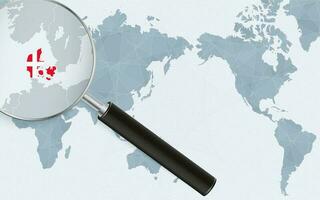Asia centered world map with magnified glass on Denmark. Focus on map of Denmark on Pacific-centric World Map. vector