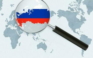 Asia centered world map with magnified glass on Russia. Focus on map of Russia on Pacific-centric World Map. vector