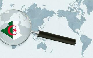 Asia centered world map with magnified glass on Algeria. Focus on map of Algeria on Pacific-centric World Map. vector