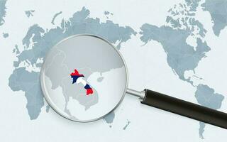 Asia centered world map with magnified glass on Laos. Focus on map of Laos on Pacific-centric World Map. vector