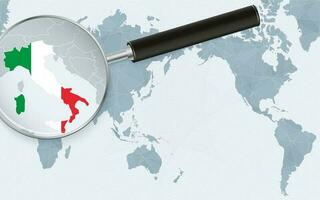 Asia centered world map with magnified glass on Italy. Focus on map of Italy on Pacific-centric World Map. vector