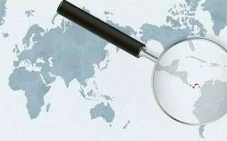 Asia centered world map with magnified glass on Panama. Focus on map of Panama on Pacific-centric World Map. vector