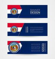 Set of three horizontal banners with US state flag of Missouri. Web banner design template in color of Missouri flag. vector