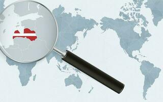 Asia centered world map with magnified glass on Latvia. Focus on map of Latvia on Pacific-centric World Map. vector