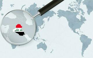 Asia centered world map with magnified glass on Iraq. Focus on map of Iraq on Pacific-centric World Map. vector