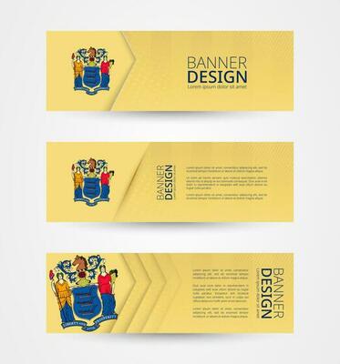 Set of three horizontal banners with US state flag of New Jersey. Web banner design template in color of New Jersey flag.