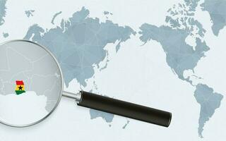 Asia centered world map with magnified glass on Ghana. Focus on map of Ghana on Pacific-centric World Map. vector