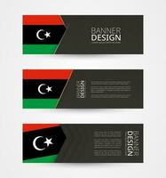 Set of three horizontal banners with flag of Libya. Web banner design template in color of Libya flag. vector