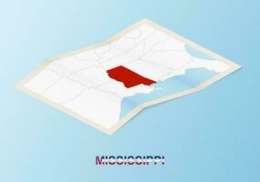 Folded paper map of Mississippi with neighboring countries in isometric style. vector