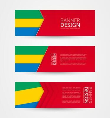 Set of three horizontal banners with flag of Gabon. Web banner design template in color of Gabon flag.