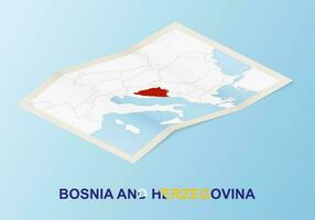 Folded paper map of Bosnia and Herzegovina with neighboring countries in isometric style. vector