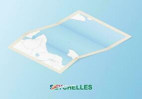 Folded paper map of Seychelles with neighboring countries in isometric style. vector