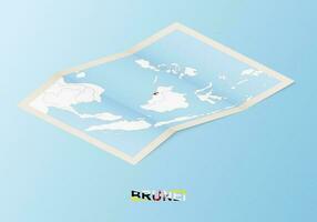 Folded paper map of Brunei with neighboring countries in isometric style. vector