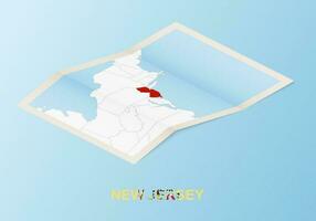Folded paper map of New Jersey with neighboring countries in isometric style. vector