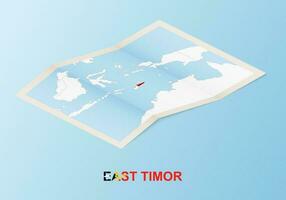 Folded paper map of East Timor with neighboring countries in isometric style. vector