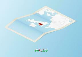 Folded paper map of Wales with neighboring countries in isometric style. vector