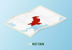 doblada papel mapa de Pakistán con vecino países en isométrica estilo. vector