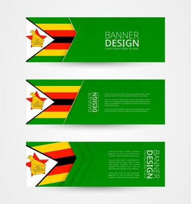 Set of three horizontal banners with flag of Zimbabwe. Web banner design template in color of Zimbabwe flag.
