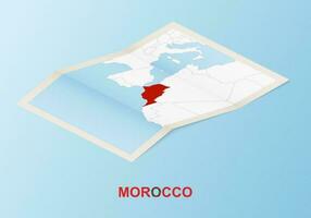 Folded paper map of Morocco with neighboring countries in isometric style. vector