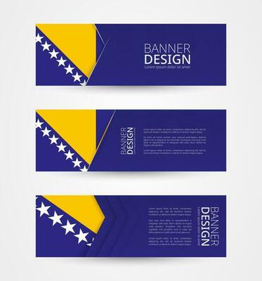 Set of three horizontal banners with flag of Bosnia and Herzegovina. Web banner design template in color of Bosnia flag.