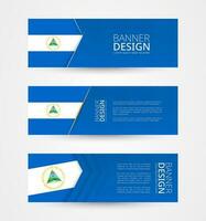 Set of three horizontal banners with flag of Nicaragua. Web banner design template in color of Nicaragua flag. vector