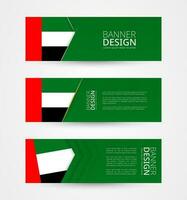 Set of three horizontal banners with flag of United Arab Emirates. Web banner design template in color of UAE flag. vector