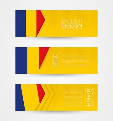 Set of three horizontal banners with flag of Romania. Web banner design template in color of Romania flag.