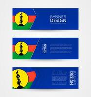 Set of three horizontal banners with flag of New Caledonia. Web banner design template in color of New Caledonia flag. vector